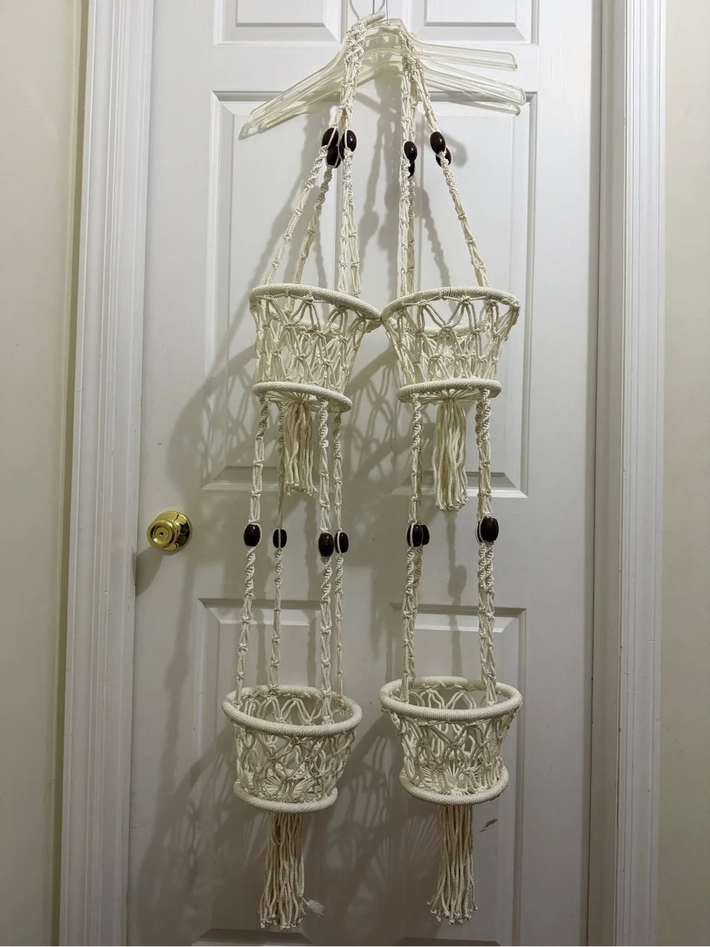 2 Vtg Macramé Hanging Planters 2 tier Pot Holders Cream Rope/Wood Beads, Tassels